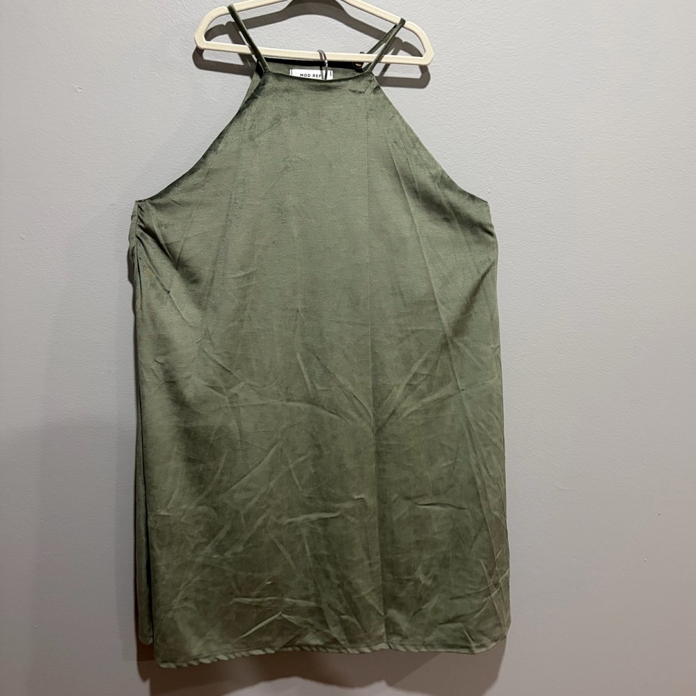 Mod Ref Olive Green Velvet-Feel Halter Dress Minimal Chic